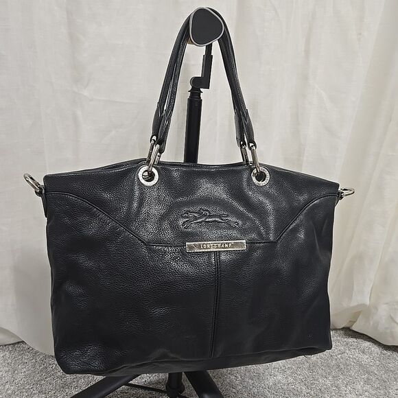 Longchamp Pebbled Genuine Leather Tote Shoulder Handbag Black - Picture 4 of 16